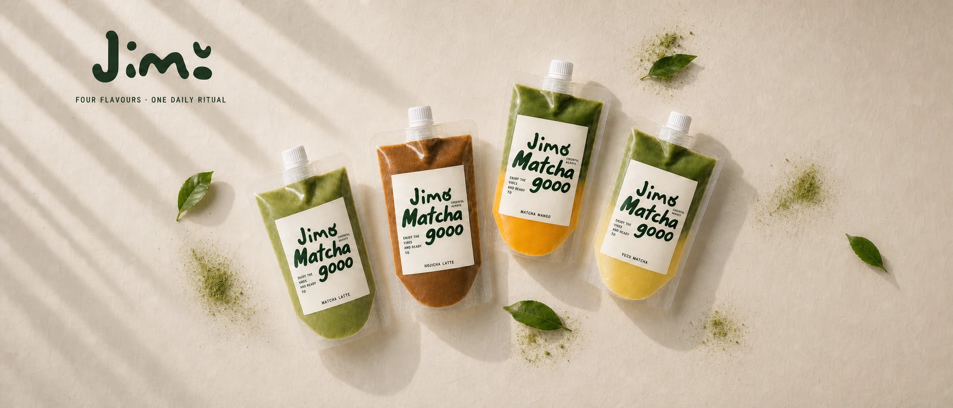 Top-down Jimo family photograph with Matcha Latte, Hojicha Latte, Matcha Mango and Yuzu Matcha pouches