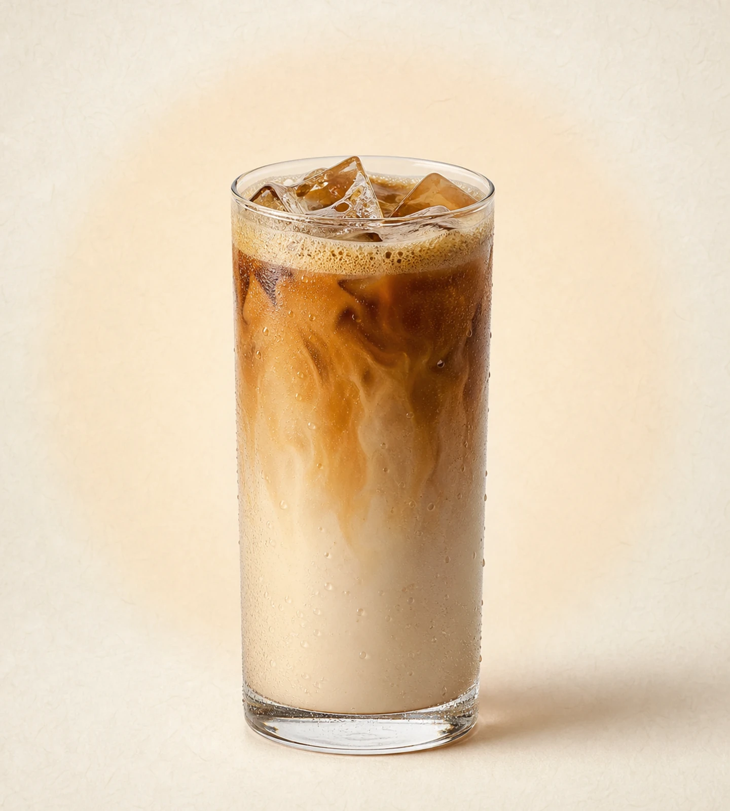 Iced Jimo Hojicha Latte with roasted tea cascading into milk