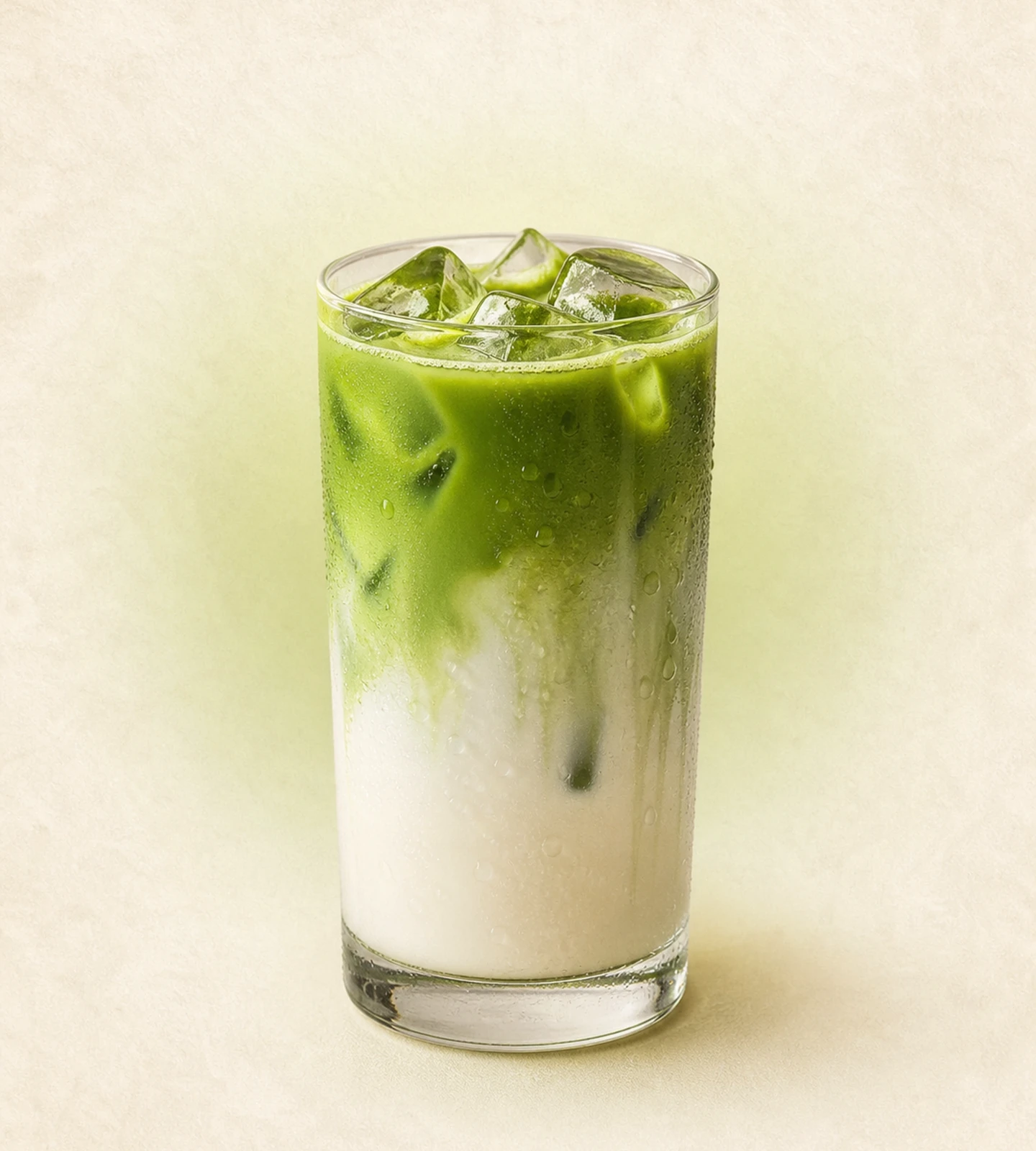 Iced Jimo Matcha Latte with vivid green matcha cascading into milk