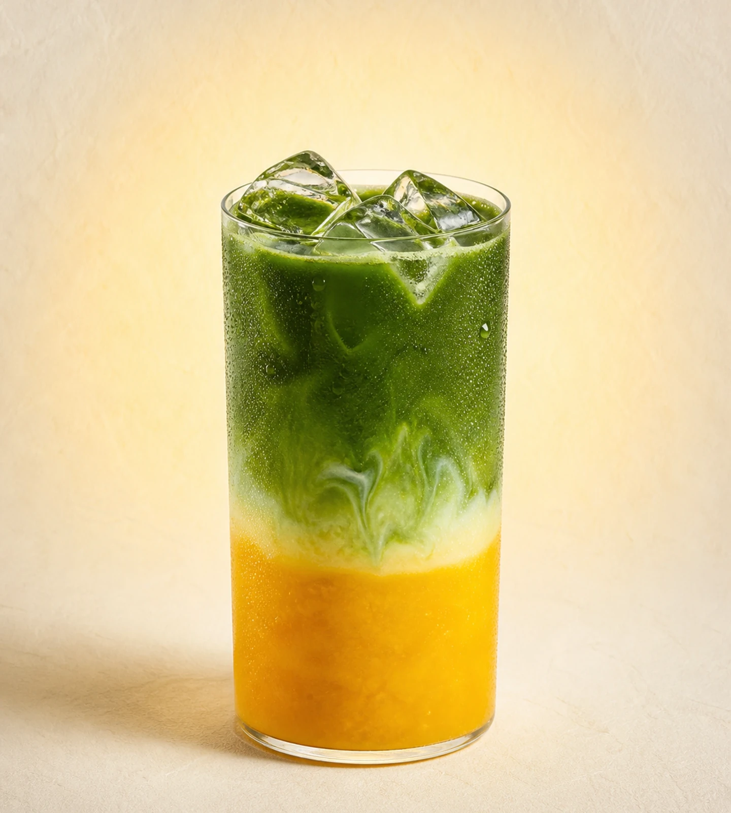 Iced Jimo Matcha Mango with vivid green matcha over golden mango