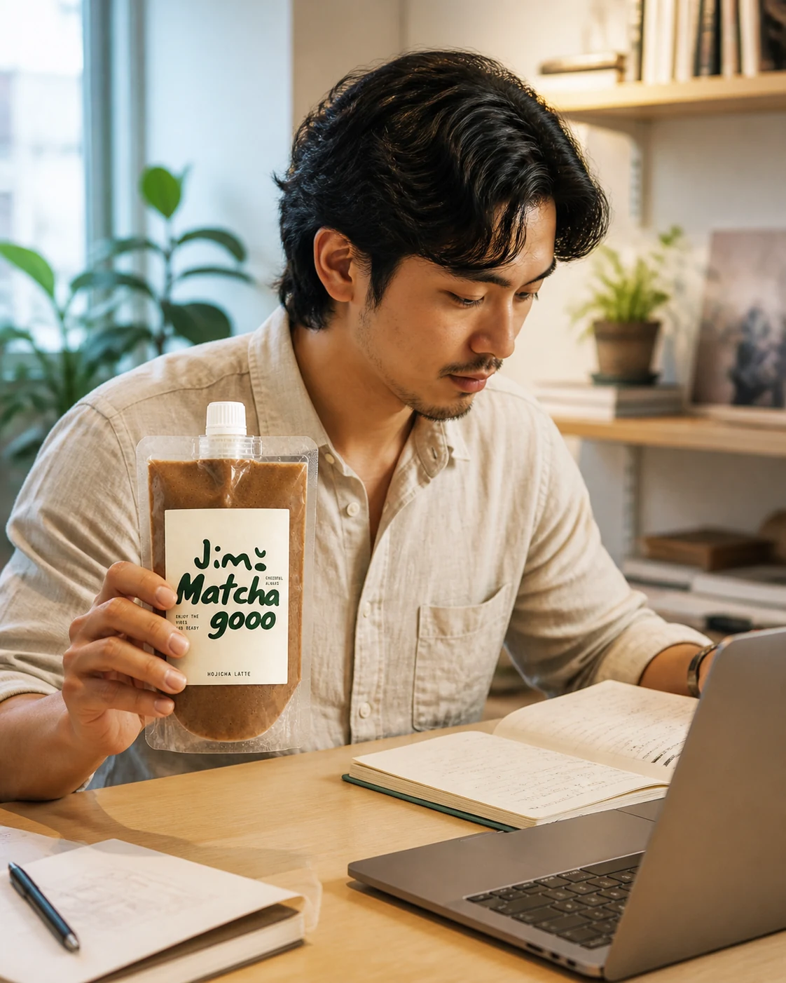 Creative professional holding a Jimo Hojicha Latte pouch at her desk