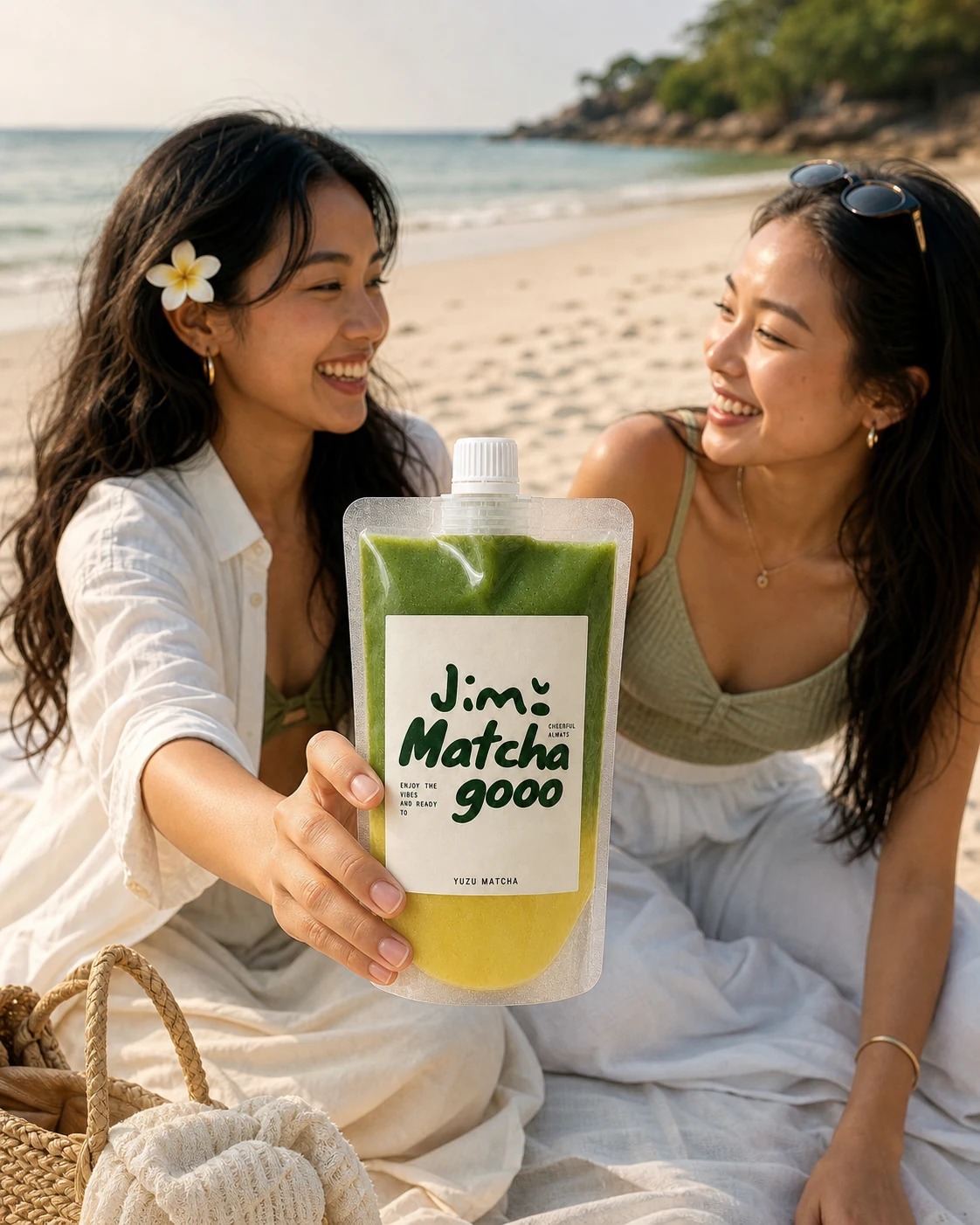Beachgoer holding a Jimo Yuzu Matcha pouch beside the sea