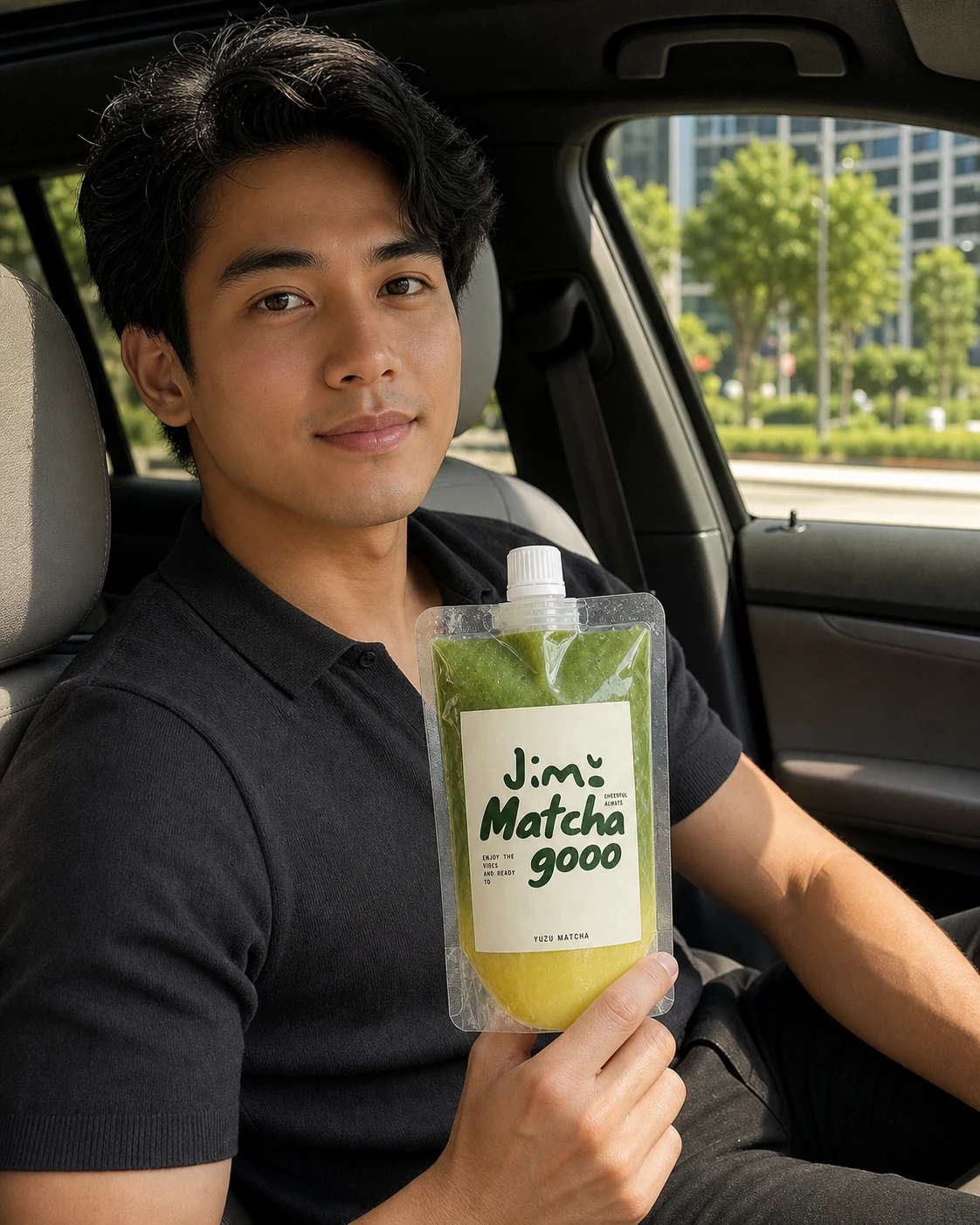 Driver holding a Jimo Yuzu Matcha pouch in a parked car