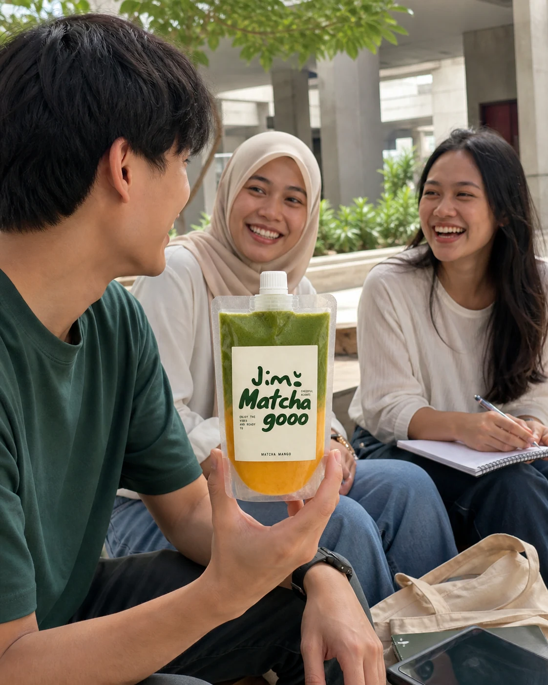 Student carrying a Jimo Matcha Mango pouch on campus